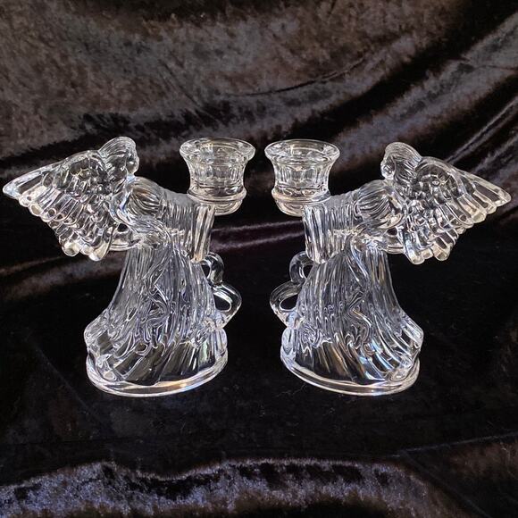 Pair Cherub Angel Candlestick Holders Mikasa Lead Crystal Clear Vintage Decor 2 - Picture 1 of 11